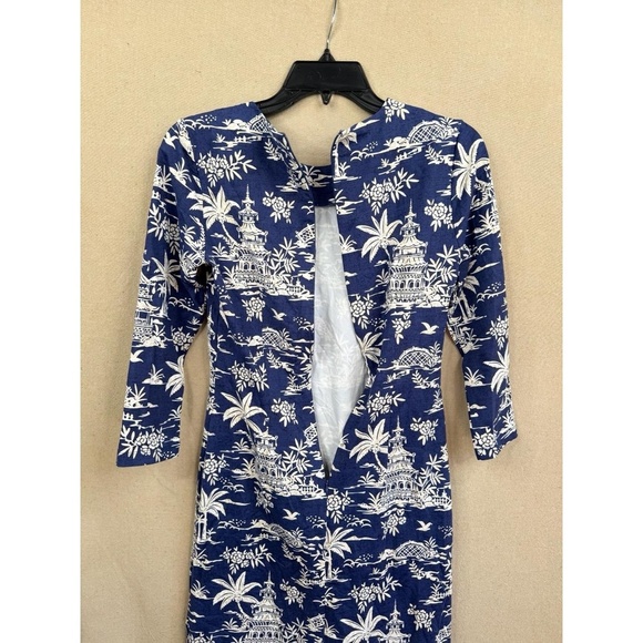 J.McLaughlin Sophia Dress Womens Blue White Tongsai Palms Print 3/4 Sleeve - Picture 6 of 10